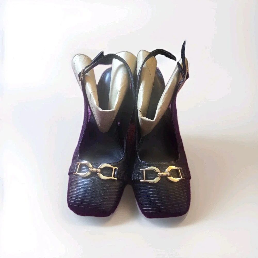 ASOS Design Black Lizard Slingback Block Heels Horsebit Square‎ Toe Size 12